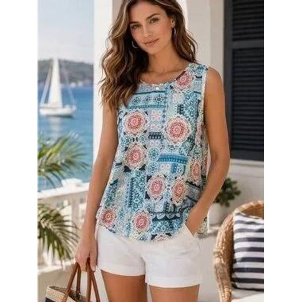 J.Jill Love Linen Blue Pink Medallion Tile Print Tank Top Size L